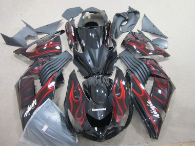 Erschwingliche Kawasaki ZX14R ZZR1400 Motorrad Verkleidung 2006-2011 - Glanzendes Schwarz Rot Flamme