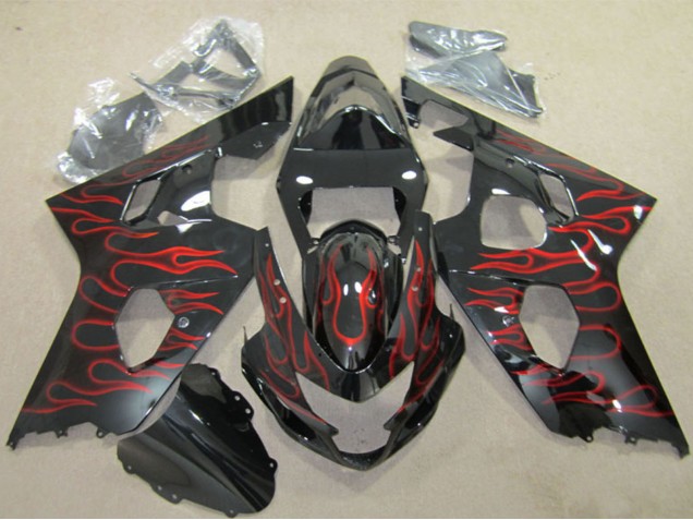 Erschwingliche Suzuki GSXR 600 Motorrad Verkleidung 2004-2005 - Glanzendes Schwarz Rot Flamme