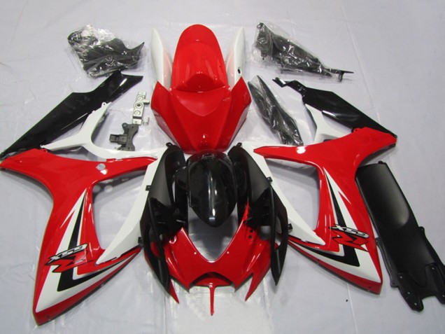 Erschwingliche Suzuki GSXR 600 Motorrad Verkleidung 2006-2007 - Weiss Rot Glanzendes Schwarz Streifen