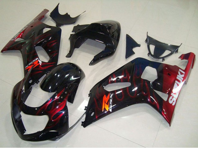 Erschwingliche Suzuki GSXR 750 Motorrad Verkleidung 2001-2003 - Glanzendes Schwarz Rot Flamme