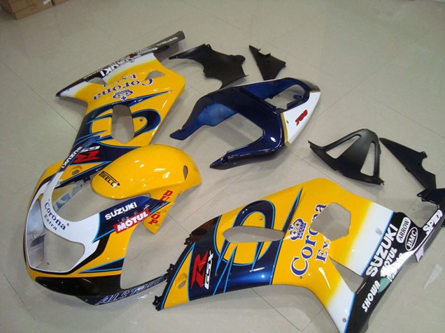 Erschwingliche Suzuki GSXR 750 Motorrad Verkleidung 2001-2003 - Gelb Weiss Blau Alstare Corona Extra Motul