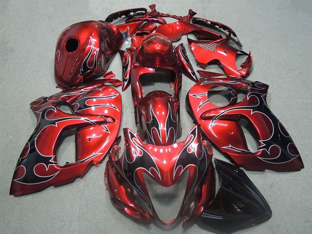 Erschwingliche Suzuki GSXR 1300 Hayabusa Motorrad Verkleidung 1996-2007 - Rot Silber Schwarz Flamme