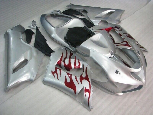 Silber Rot Flammen Kawasaki ZX6R 05-06 Motorrad Verkleidungen